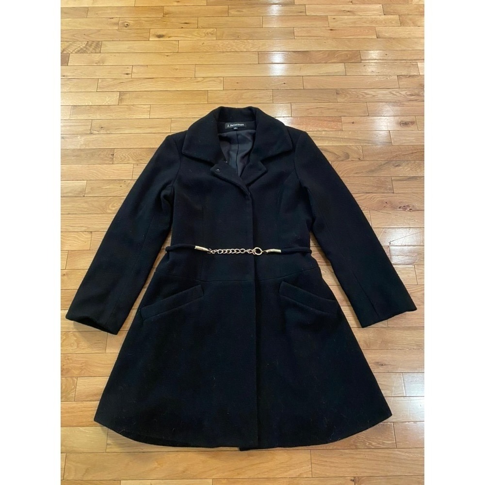 J. Peterman Black Wool‎ Blend Coat Women's Size 8 Gold Chain Belt